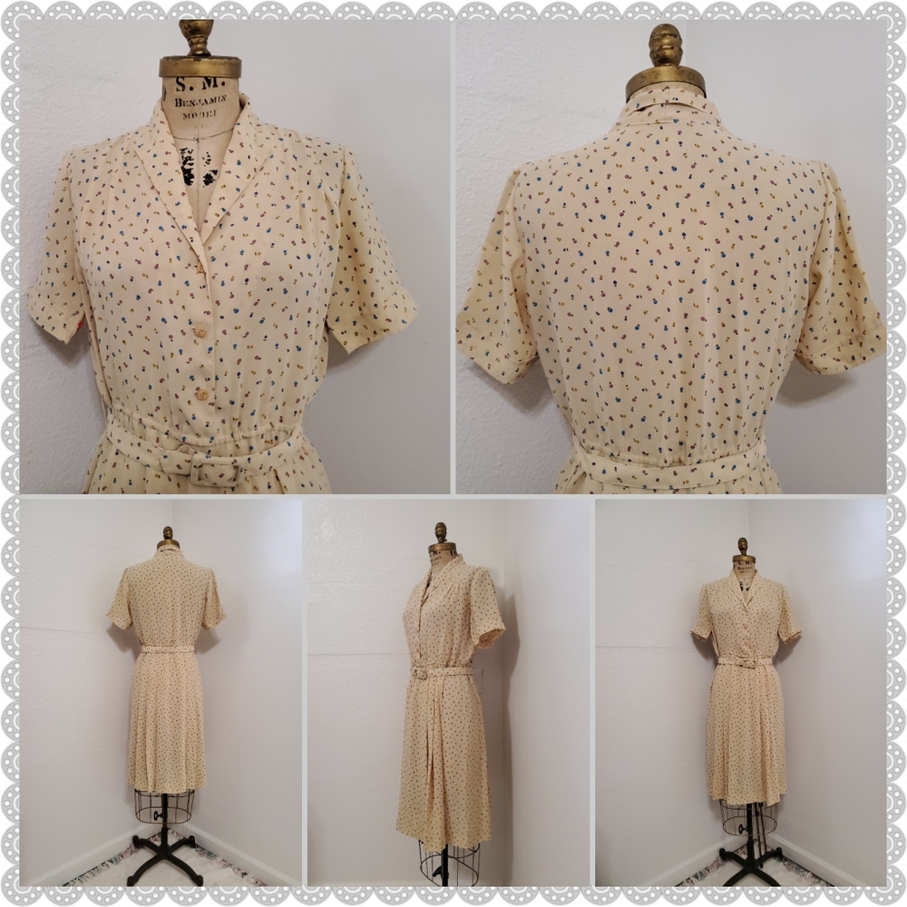De Maruz | Vintage Cream Natural Floral Belted Pleaded Midi Dress - Picture 3 of 7